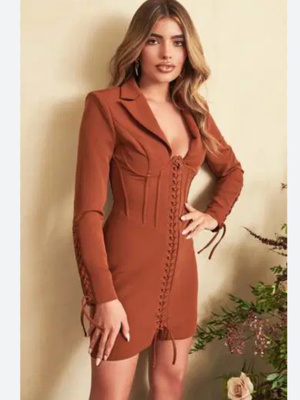 Lavish Alice Ariana brown Lace-Up Corset Blazer mini Dress